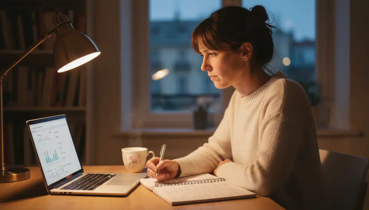Femme consultant son budget sur ordinateur portable