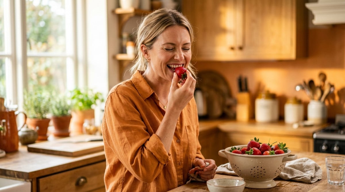 Femme croquant une fraise fraîchement rincée en cuisine