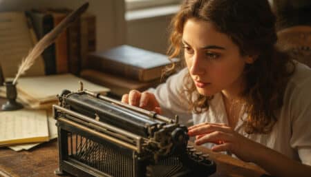 Femme curieuse devant une vieille machine à écrire mécanique