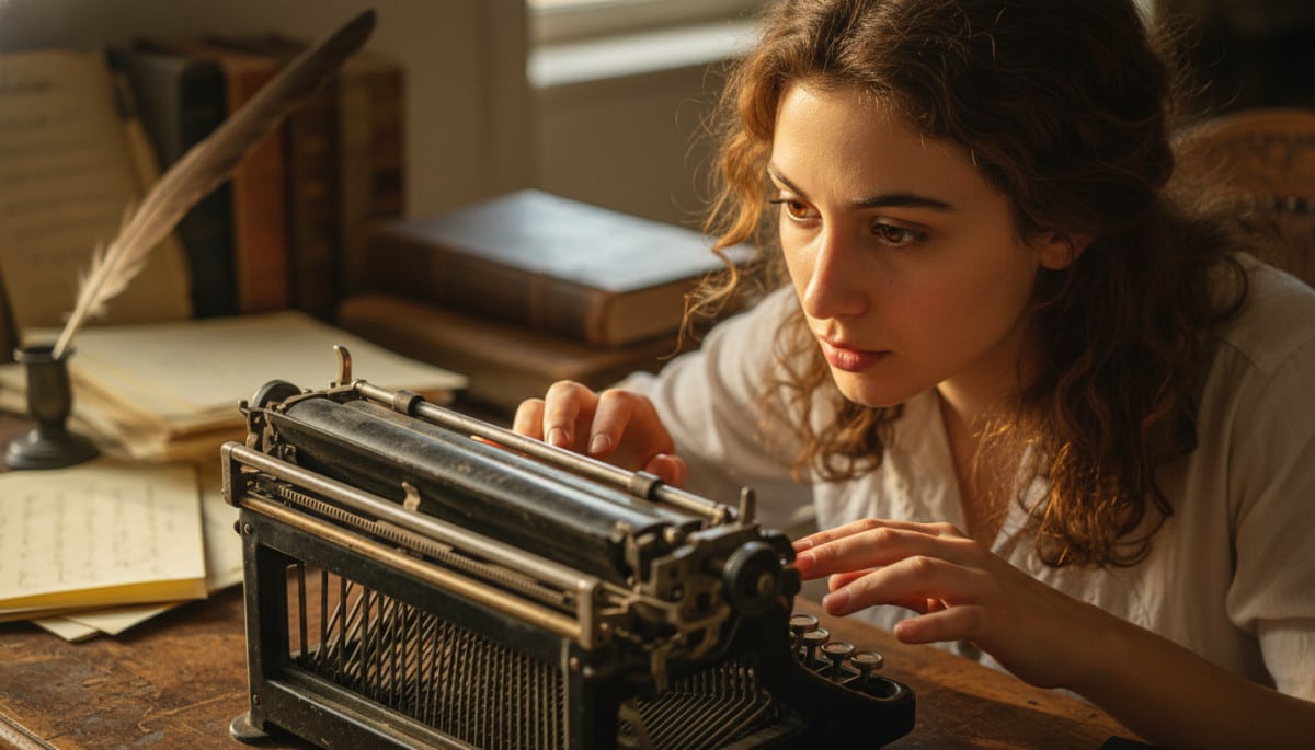 Femme curieuse devant une vieille machine à écrire mécanique