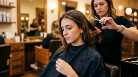 Femme dans un salon de coiffure observant ses cheveux coupés