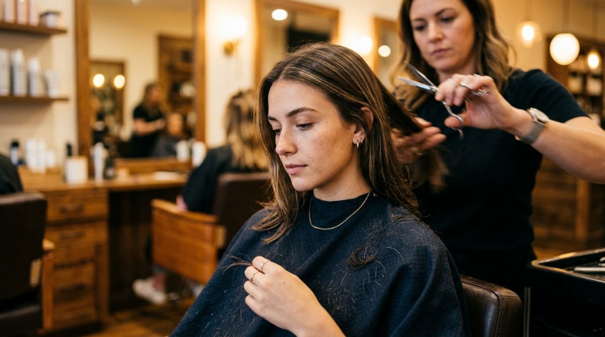 Femme dans un salon de coiffure observant ses cheveux coupés