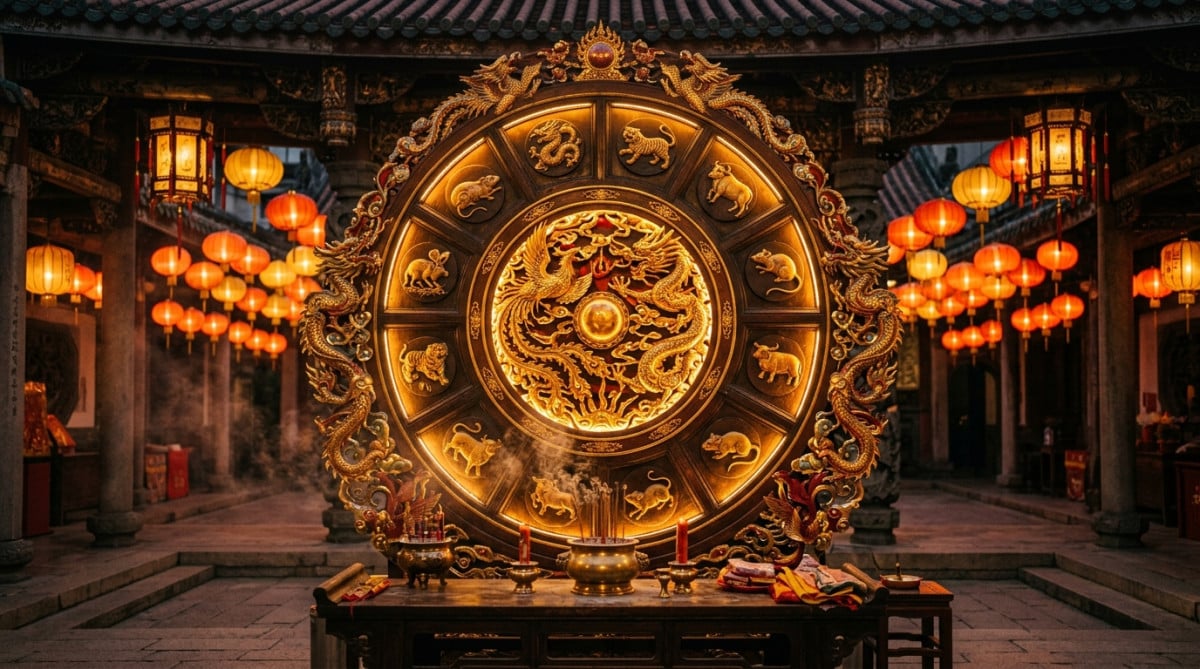 Femme dans une ambiance mystique lumineuse entourée de lanternes dorées pour l'horoscope chinois du 21 mai 2026