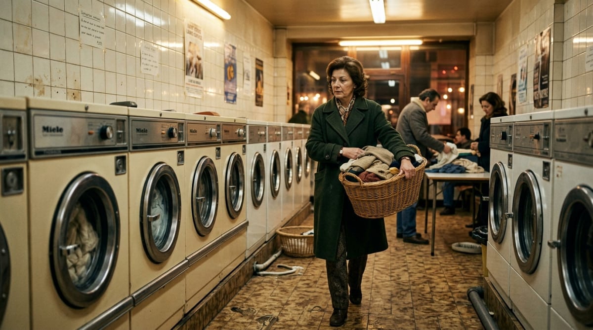 Femme dans une laverie automatique des années 80