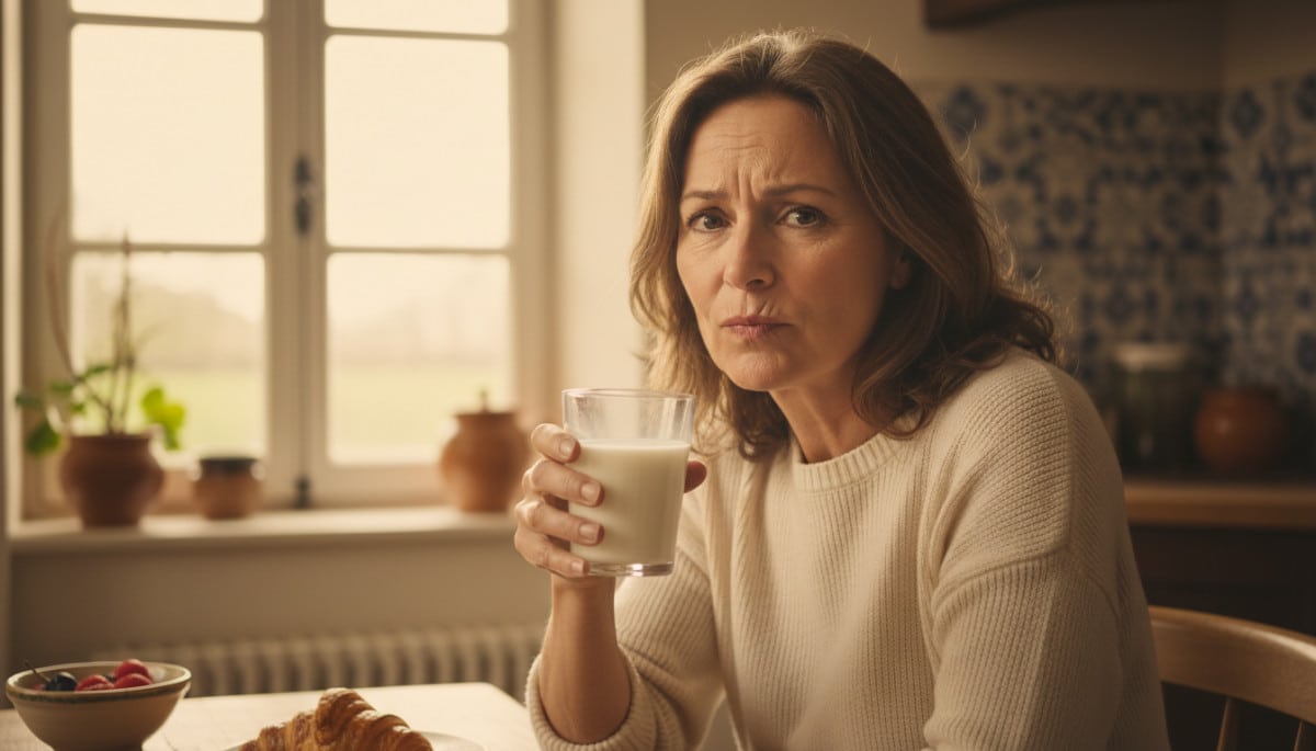 Femme dubitative tenant un verre de lait au petit-déjeuner
