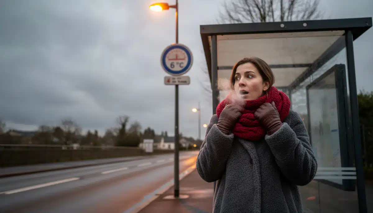 Femme emmitouflée dans le froid du matin 5 mai