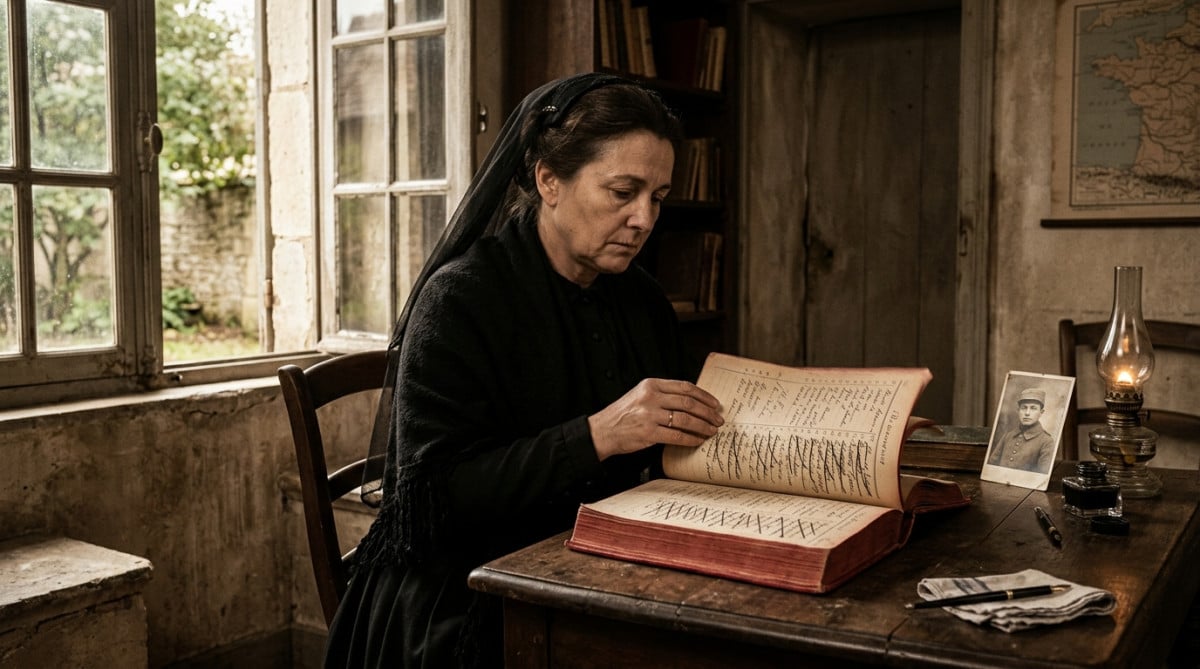 Femme en deuil feuilletant l'annuaire après la Grande Guerre