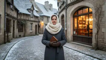 Femme en manteau d'hiver dans une rue givrée d'une ville française