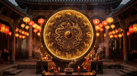 Femme en méditation baignée de lumière dorée dans une ambiance mystique liée à l'horoscope chinois du 16 mai 2026