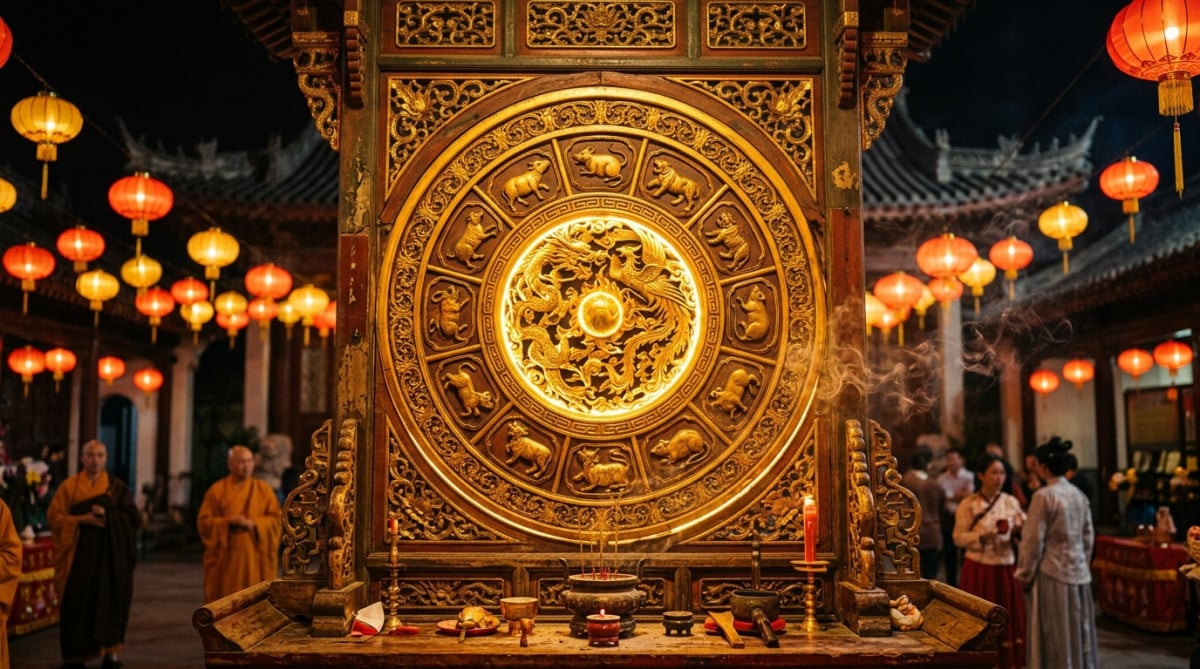 Femme en tenue traditionnelle dans un jardin mystique baigné de lumière dorée pour l'horoscope chinois du 28 mai 2026