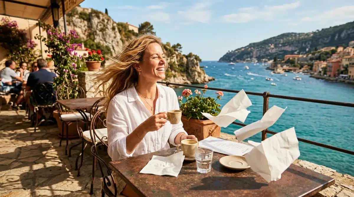 Femme en terrasse dans le sud de la France par vent fort