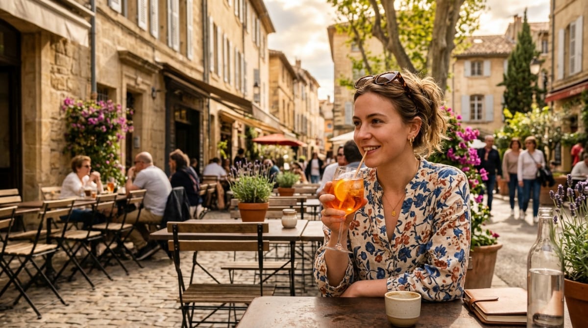 Femme en terrasse dans une ville du sud sous un ciel doux