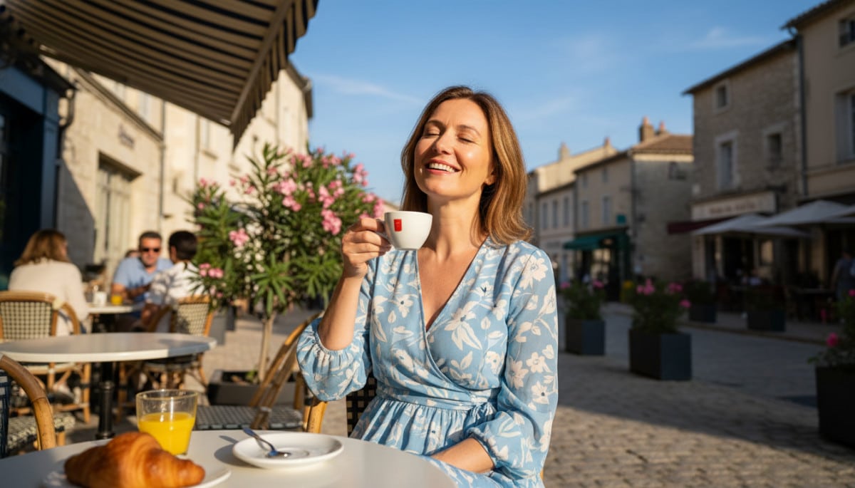 Femme en terrasse ensoleillée dans le Sud de la France
