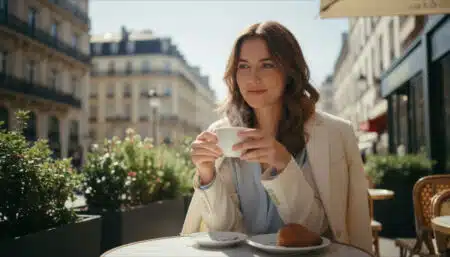 Femme en terrasse parisienne profitant du soleil de mai