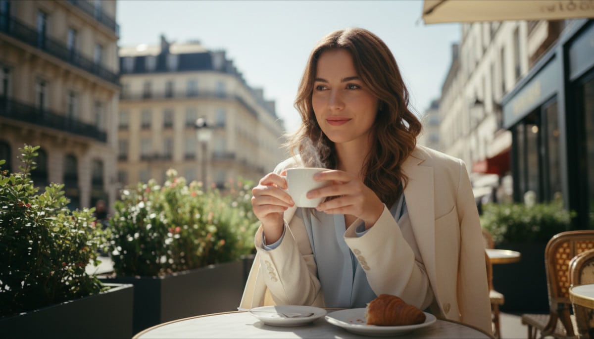 Femme en terrasse parisienne profitant du soleil de mai