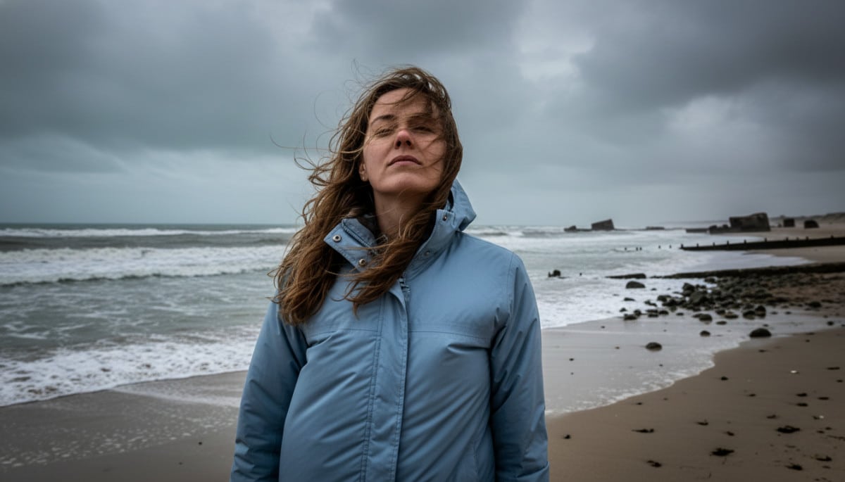 Femme en veste face au vent sur plage normande