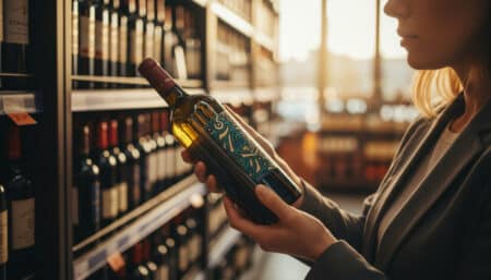 Femme examinant une bouteille de vin en supermarché