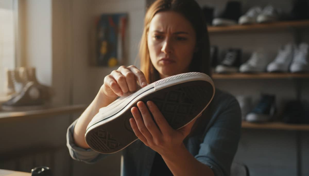 Femme examinant une Converse blanche à la main