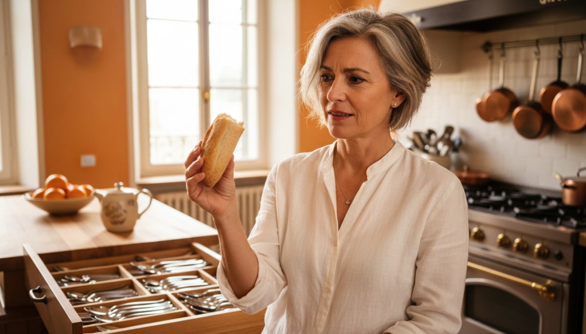 femme examine pain rassis après absorption humidité