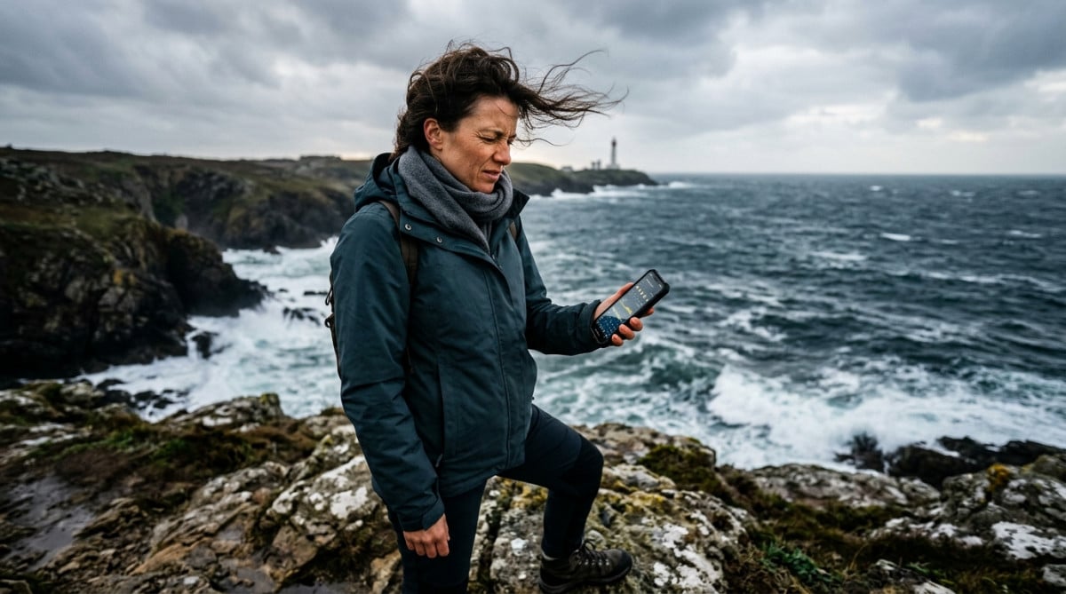 Femme face au vent sur la côte de Brest
