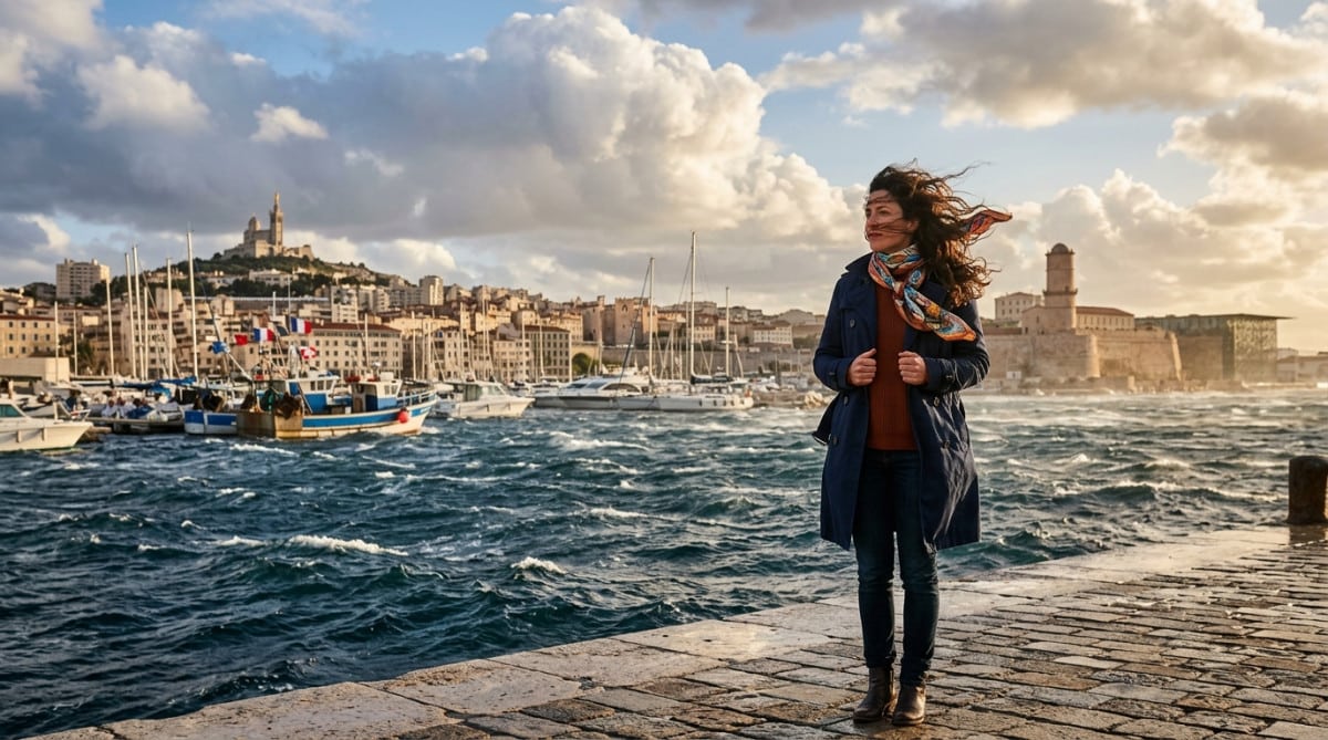 Femme face au vent sur le Vieux-Port de Marseille