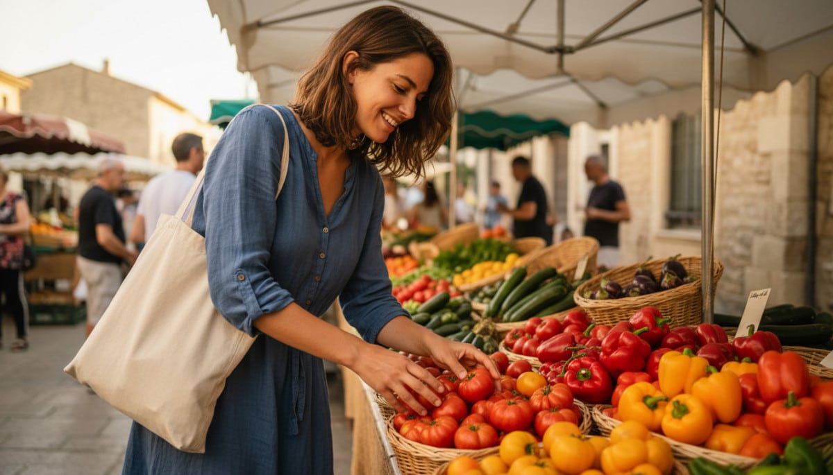 Femme faisant ses courses au marché en ville
