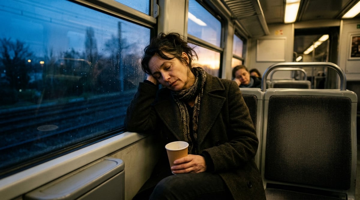 Femme fatiguée dans un train de banlieue à l'aube