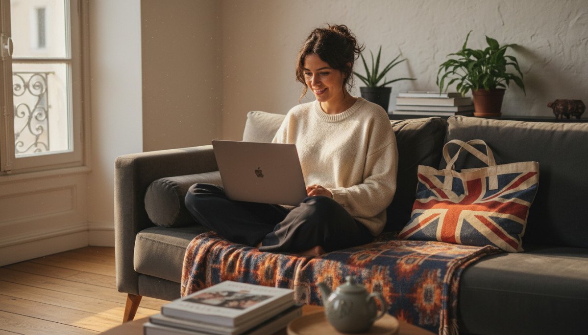 Femme française achetant sur un site de mode britannique