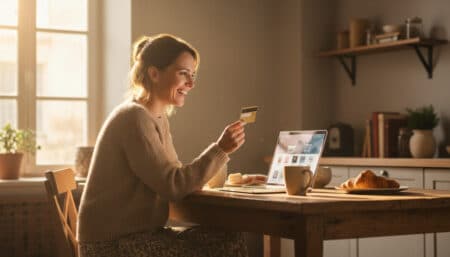 Femme française faisant des achats en ligne depuis chez elle