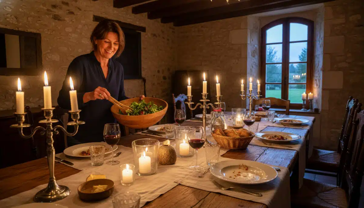 Femme française servant la salade verte après le plat principal