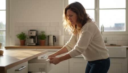 femme frustrée ouvrant un tiroir de cuisine bloqué