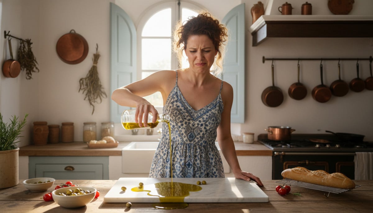femme frustrée verse trop d'huile d'olive