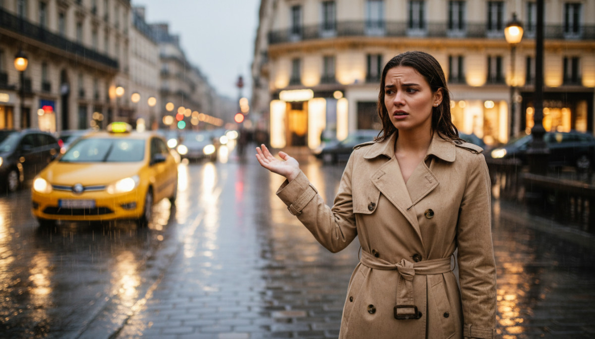 Femme héle un taxi à Paris sous la pluie