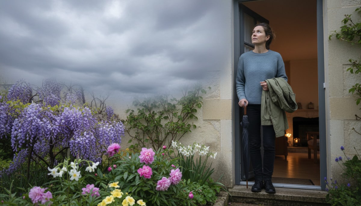 Femme hésitant entre veste et parapluie devant sa porte