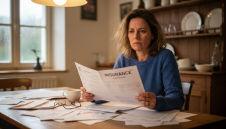 Femme inquiète lisant son contrat d'assurance habitation