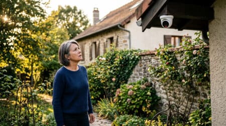 Femme inquiète observant une caméra de surveillance du voisin