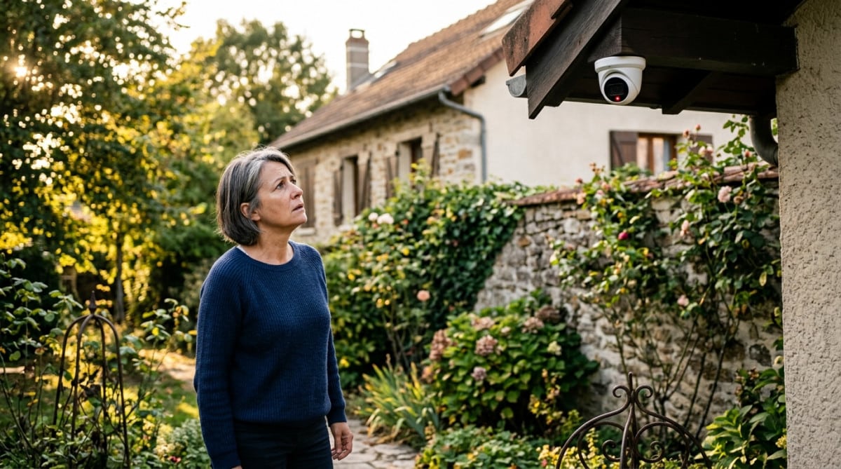 Femme inquiète observant une caméra de surveillance du voisin