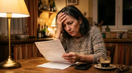 Femme inquiète vérifiant ses frais bancaires sur un relevé