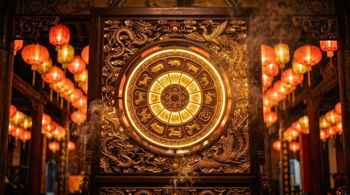 Femme méditant dans une ambiance mystique dorée entourée des signes du zodiaque chinois pour l'horoscope du 22 mai 2026