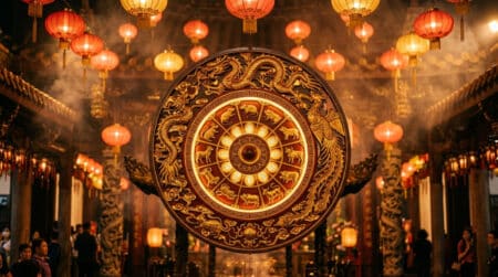Femme méditant dans une ambiance mystique dorée entourée des signes de l'astrologie chinoise