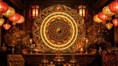 Femme méditant dans une ambiance mystique dorée entourée des signes du zodiaque chinois