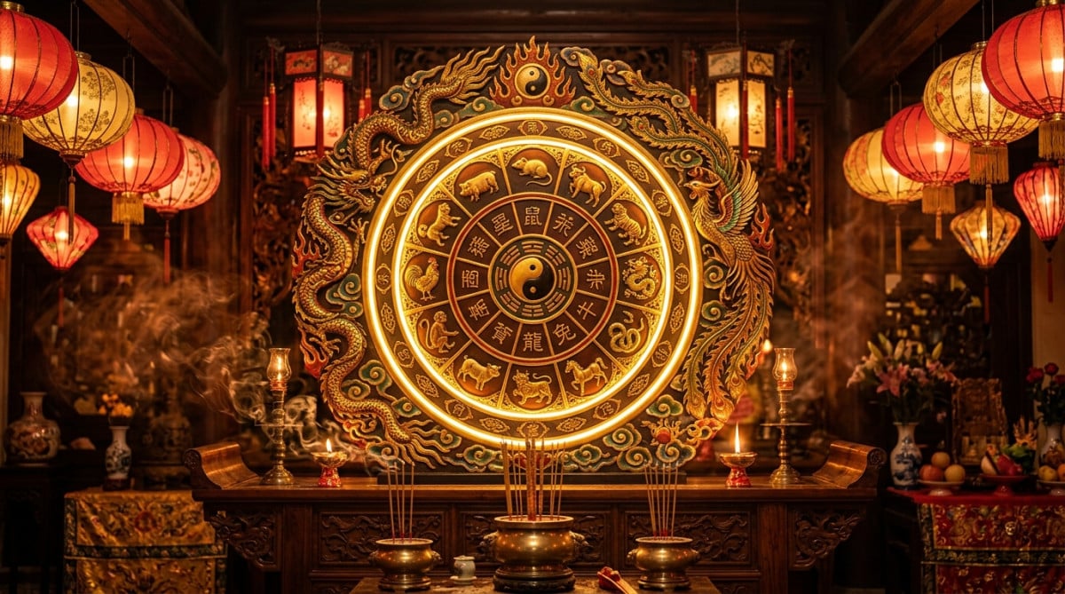 Femme méditant dans une ambiance mystique dorée entourée des signes du zodiaque chinois