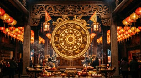 Femme méditant dans une ambiance mystique dorée évoquant l'énergie Terre-Yang de l'horoscope chinois du 27 mai 2026
