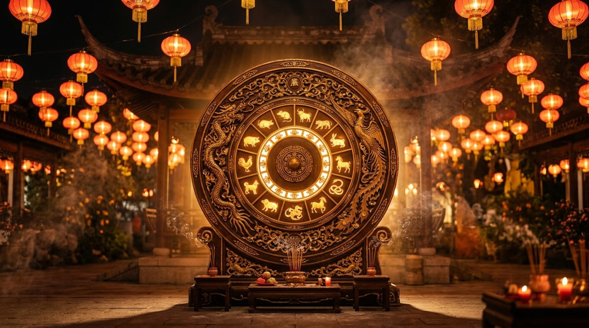 Femme méditant dans une ambiance mystique éclairée par des lanternes pour l'horoscope chinois du 15 mai 2026