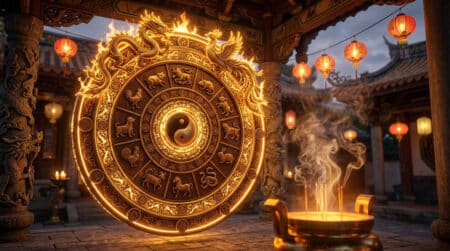 Femme méditant dans une lumière dorée et argentée symbolisant l'énergie Métal-Yin de l'horoscope chinois du 18 mai 2026