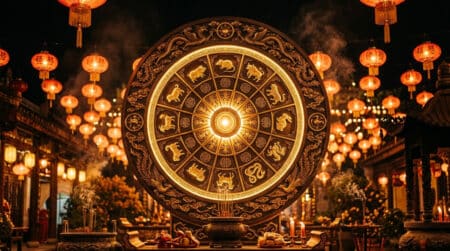Femme méditant dans une lumière dorée mystique entourée de pétales métalliques symbolisant l'énergie Métal-Yin du jour