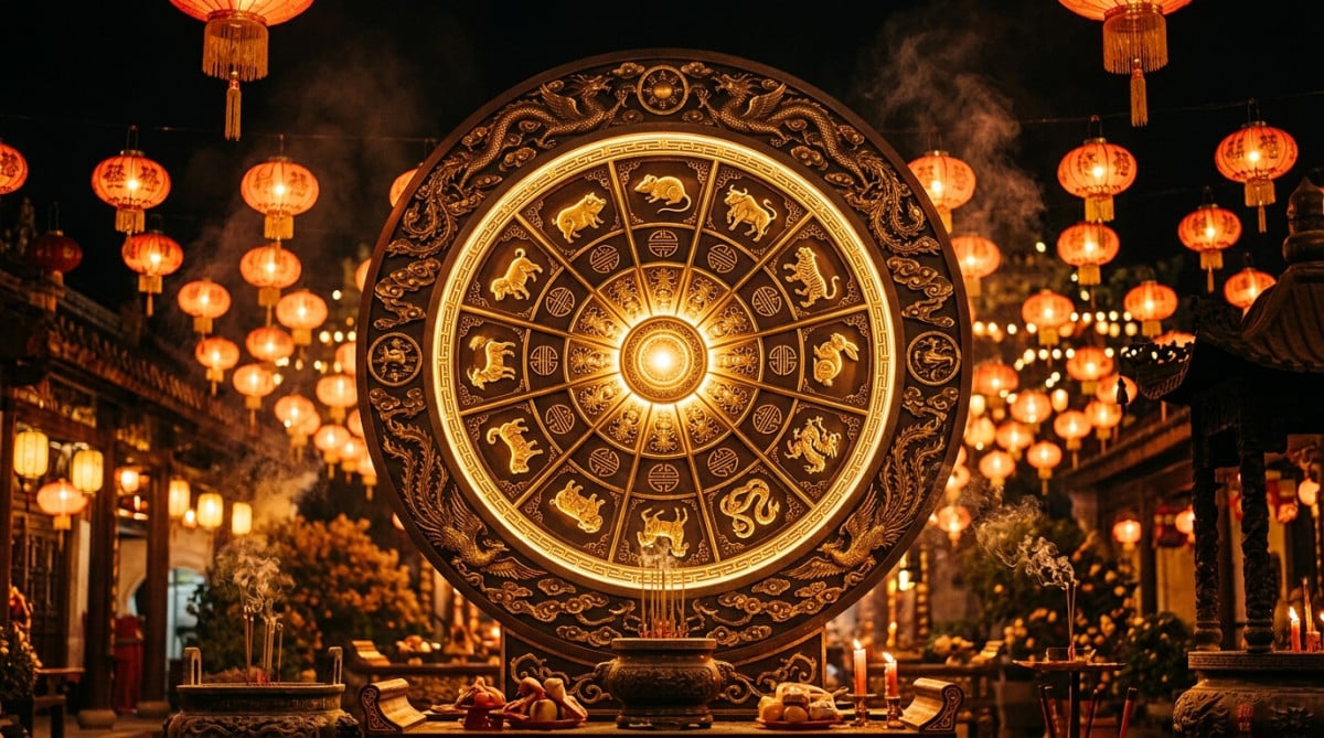 Femme méditant dans une lumière dorée mystique entourée de pétales métalliques symbolisant l'énergie Métal-Yin du jour