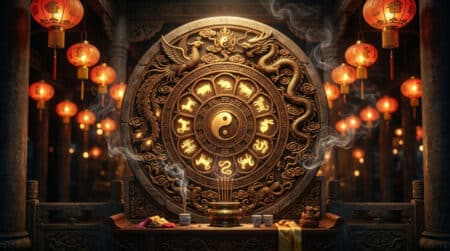 Femme méditant près d'une cascade lumineuse dans une ambiance mystique aux couleurs dorées et bleues pour l'horoscope chinois du 19 mai 2026