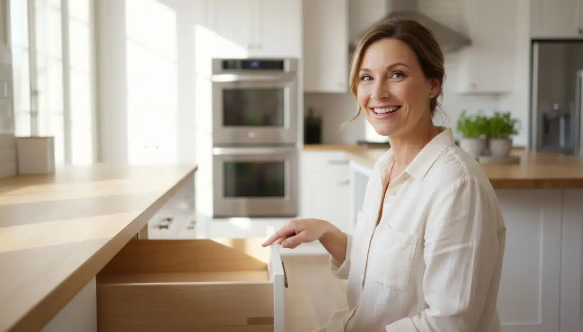 femme ouvrant facilement un tiroir de cuisine