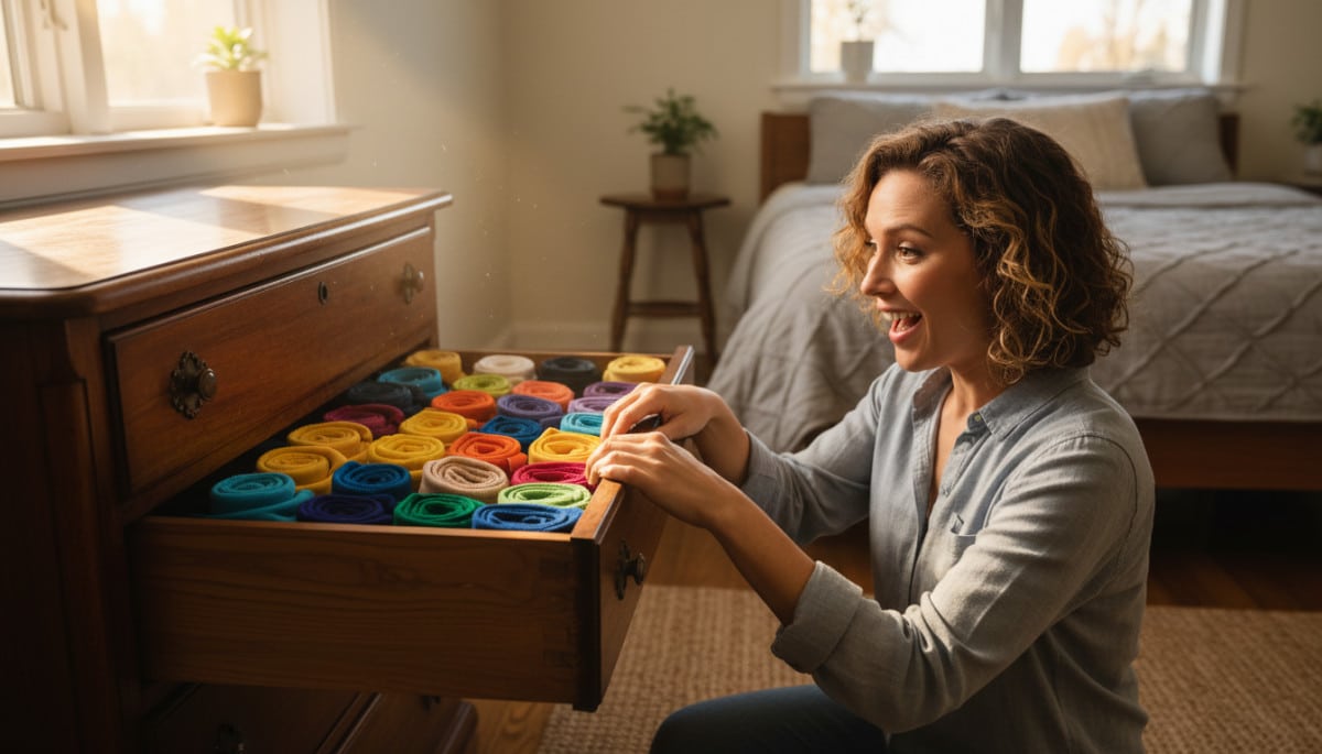 Femme ouvrant un tiroir à chaussettes propre le matin